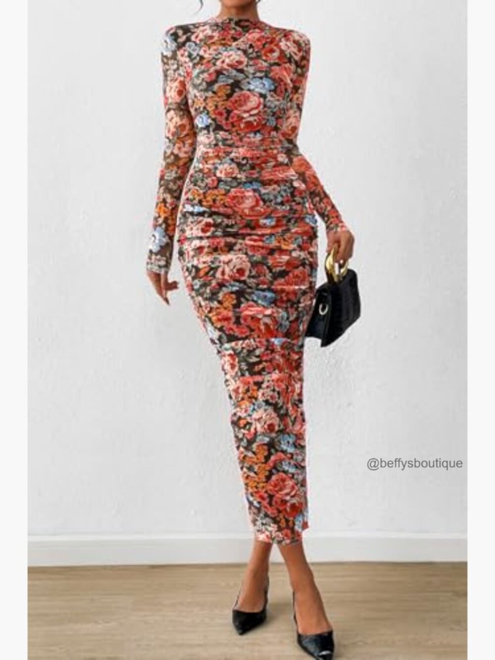 Long Sleeve Maxi Dress Ruched Bodycon Mesh Formal Wedding Guest Cocktail - Picture 6 of 7